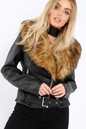 Black Faux Leather Biker Jacket with Brown Fur Collar - Livi