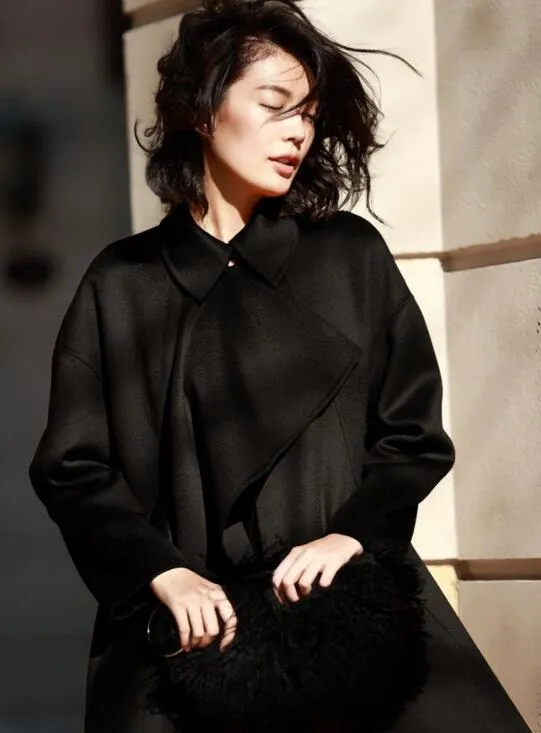 Black Flounced Water Ripples Long Wool Coat Winter Wool Coat/2255