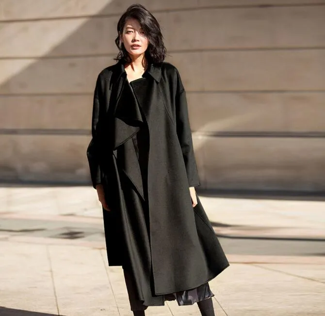 Black Flounced Water Ripples Long Wool Coat Winter Wool Coat/2255