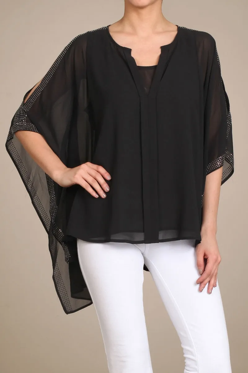 Black Kimono Sleeve Top w/Rhinestone Accents