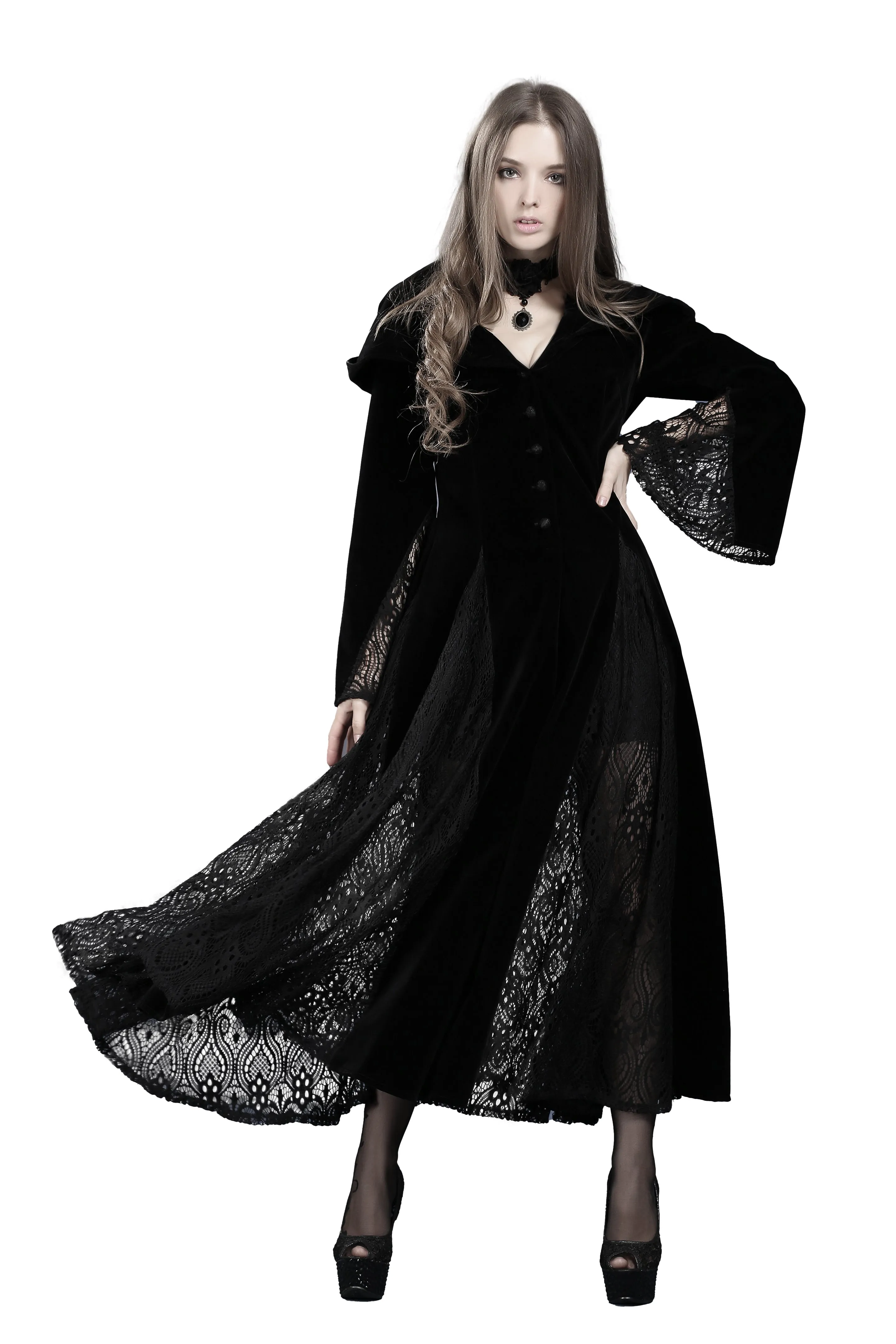 Black Long Sleeve Gothic Vampire Punk Scene Clothing velvet jacket gown JW011