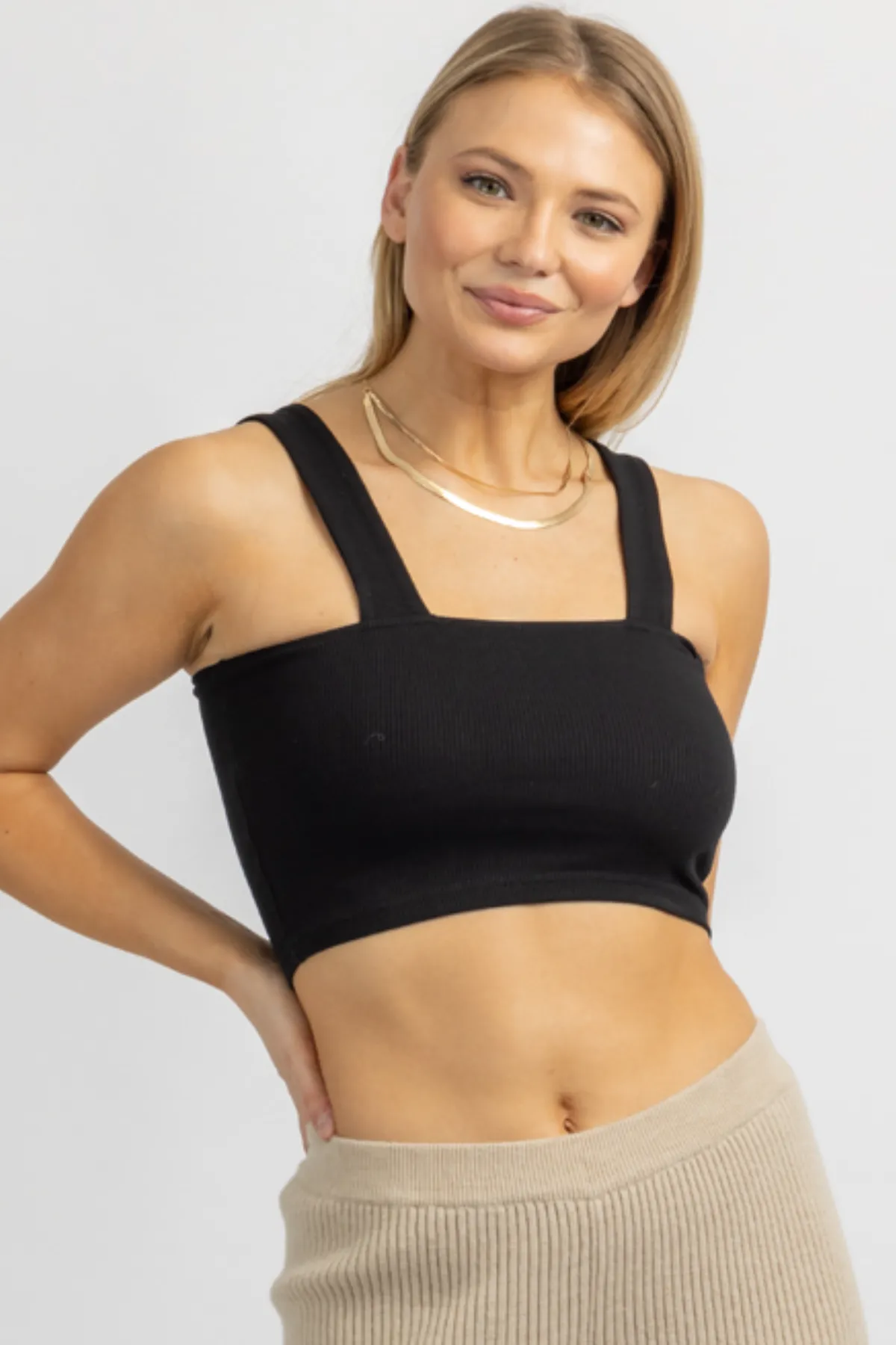 BLACK SQUARENECK KNIT CROP TANK