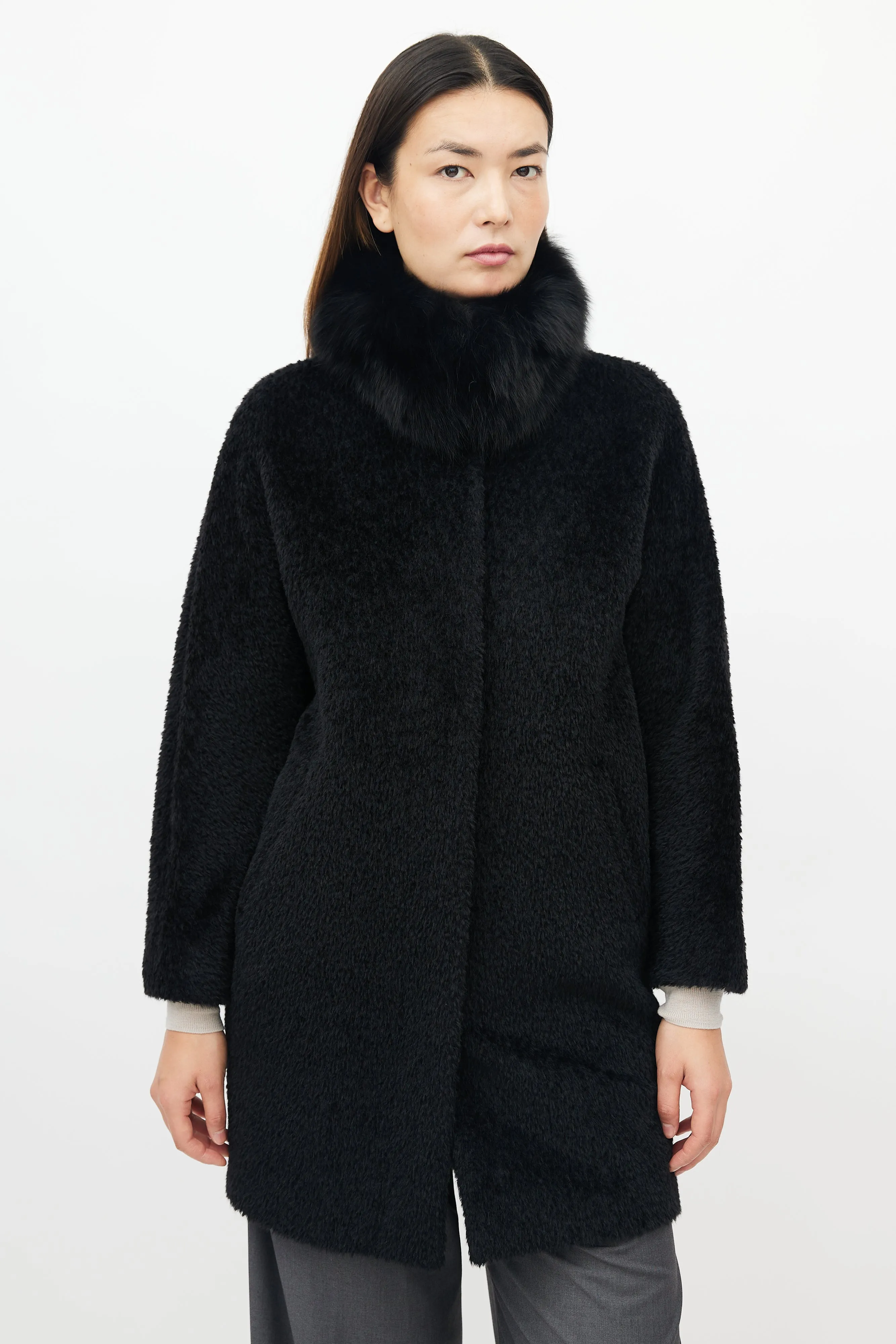 Black Wool Blend Fur Collar Coat