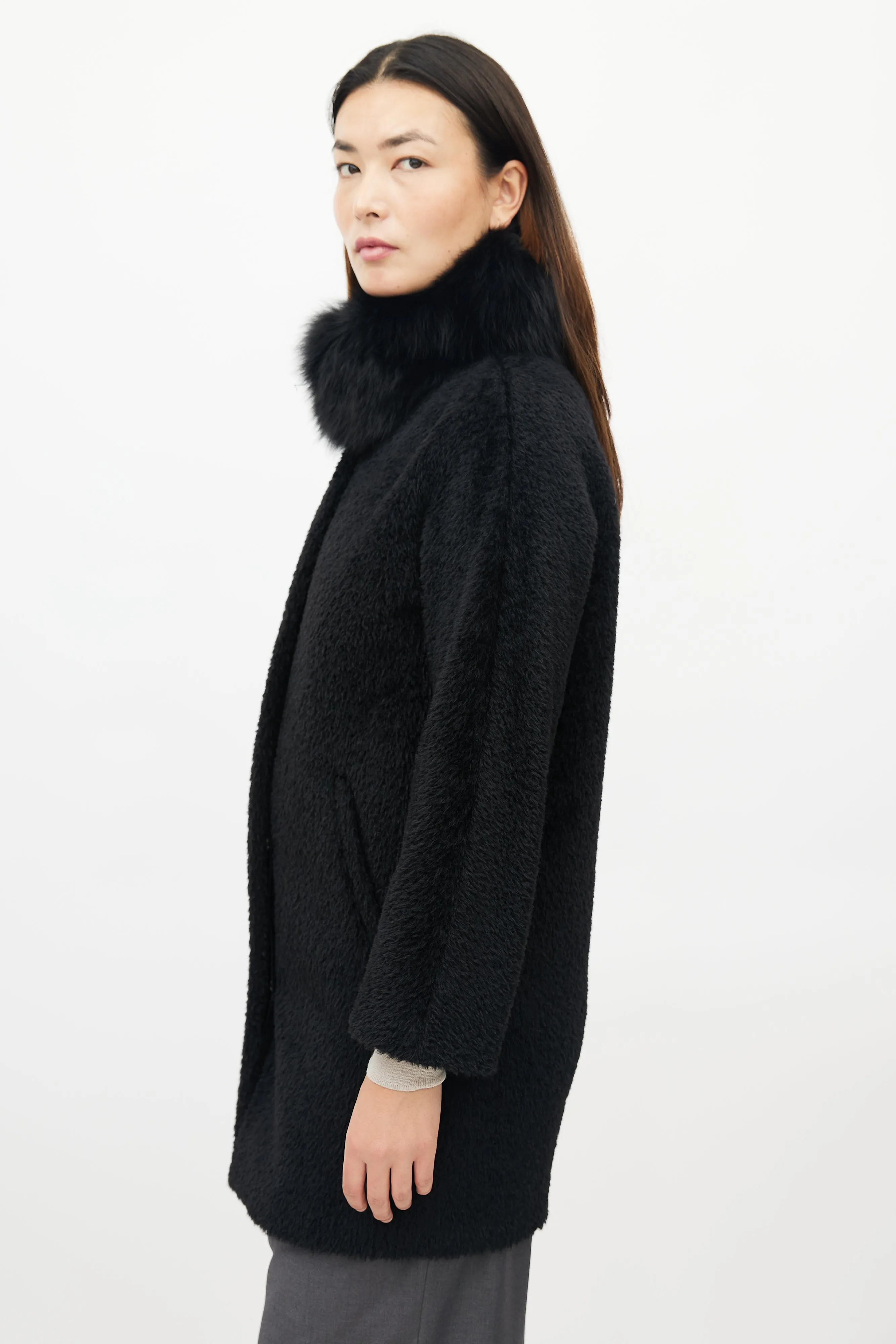 Black Wool Blend Fur Collar Coat