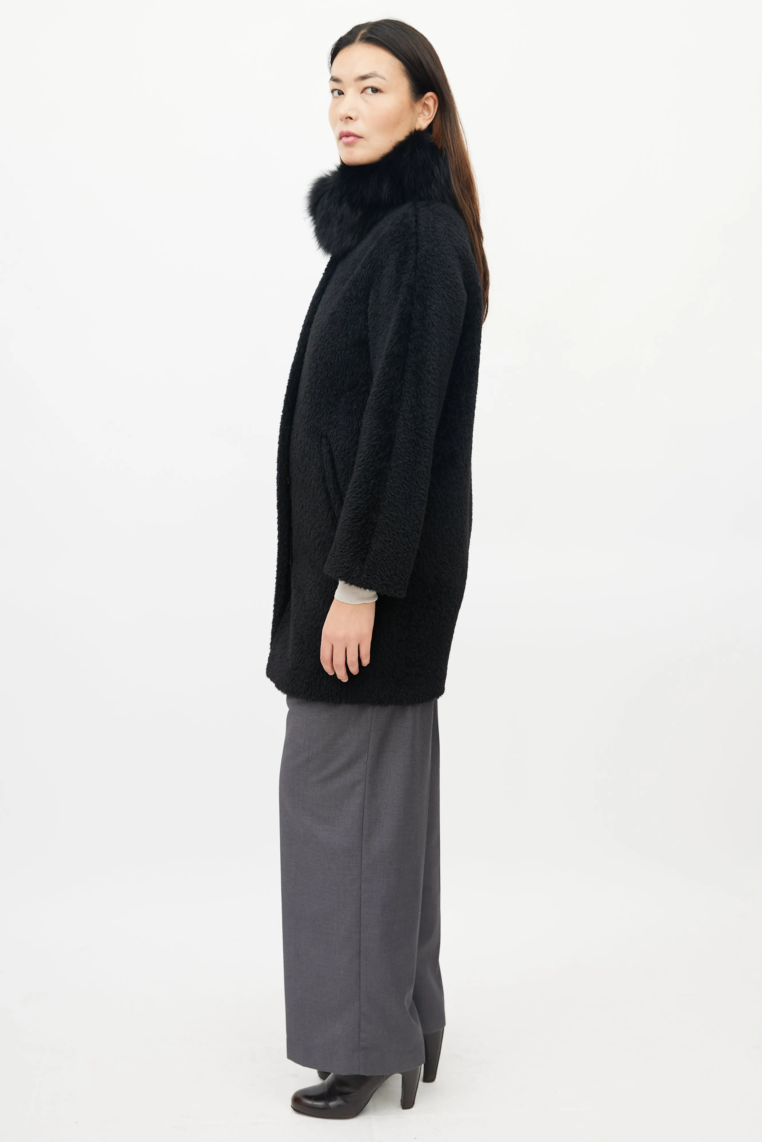 Black Wool Blend Fur Collar Coat