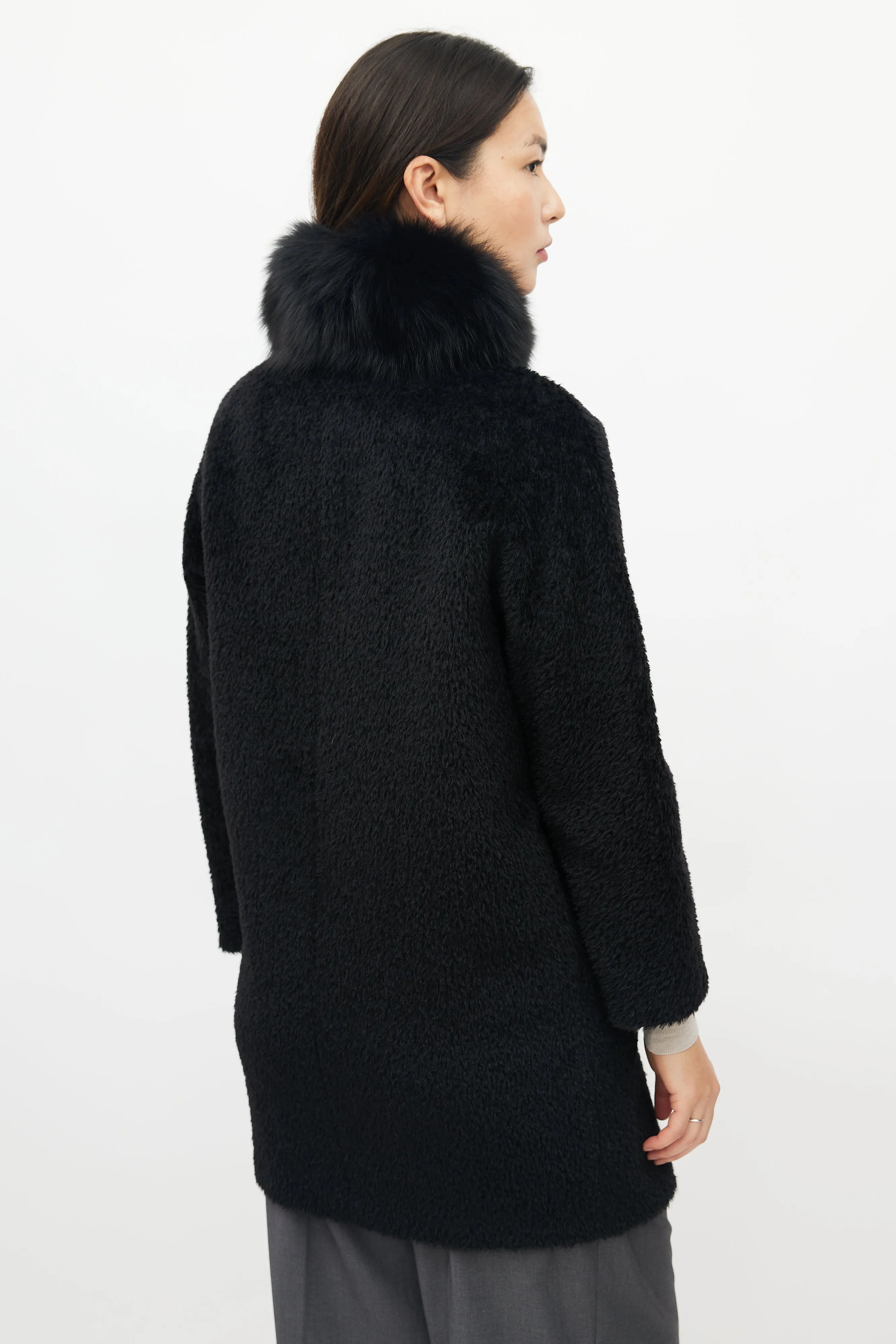 Black Wool Blend Fur Collar Coat