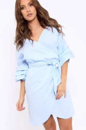 Blue Ruched Sleeve Wrap Around Dress - Marly