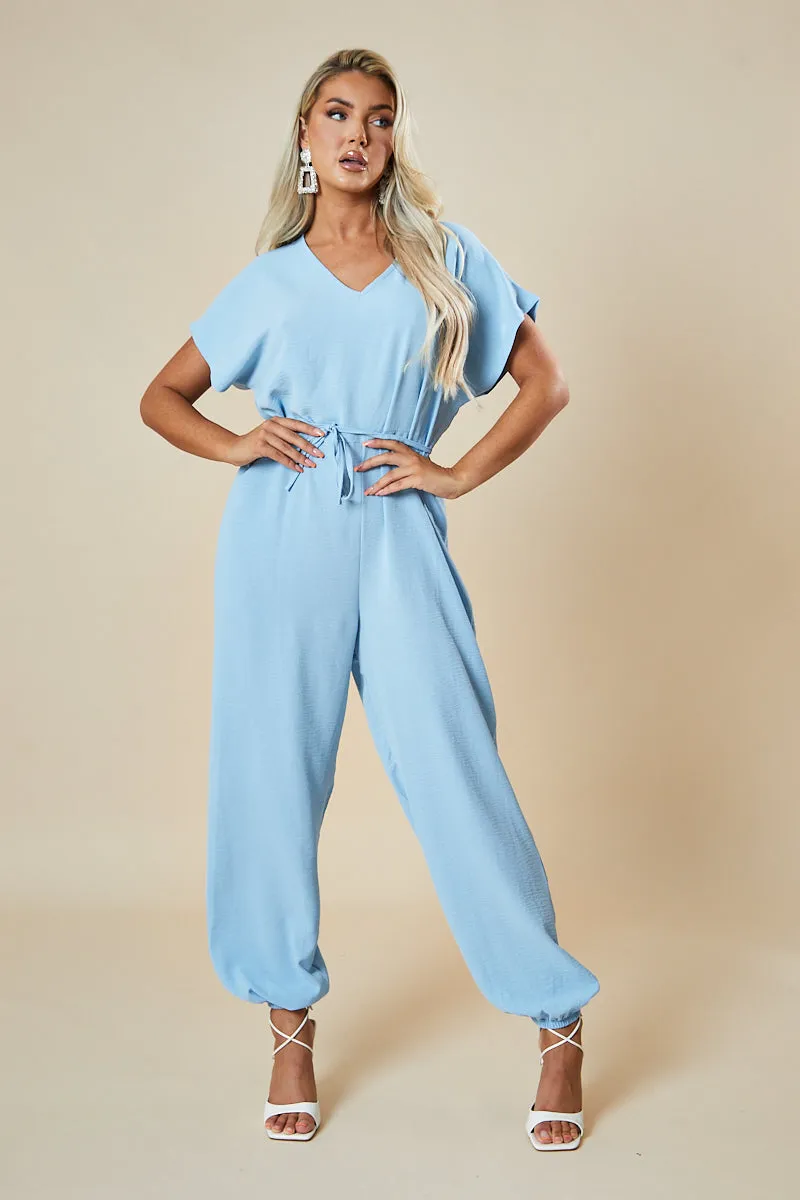 Blue V-Neck Oversized Tie Detail Jumpsuit - Sammie