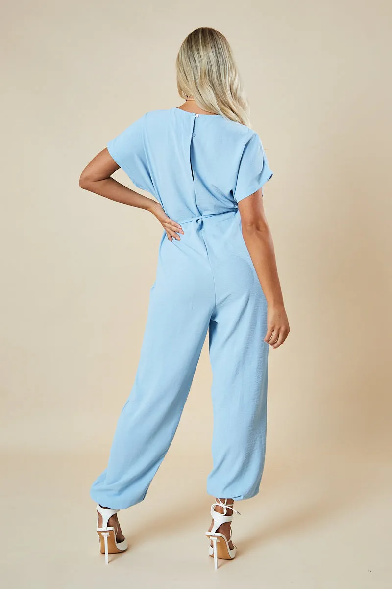 Blue V-Neck Oversized Tie Detail Jumpsuit - Sammie