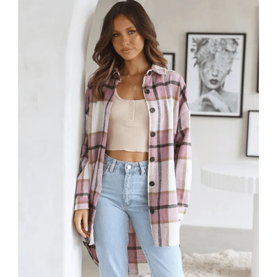 Boho Plaid Long Sleeve Button Up Coat