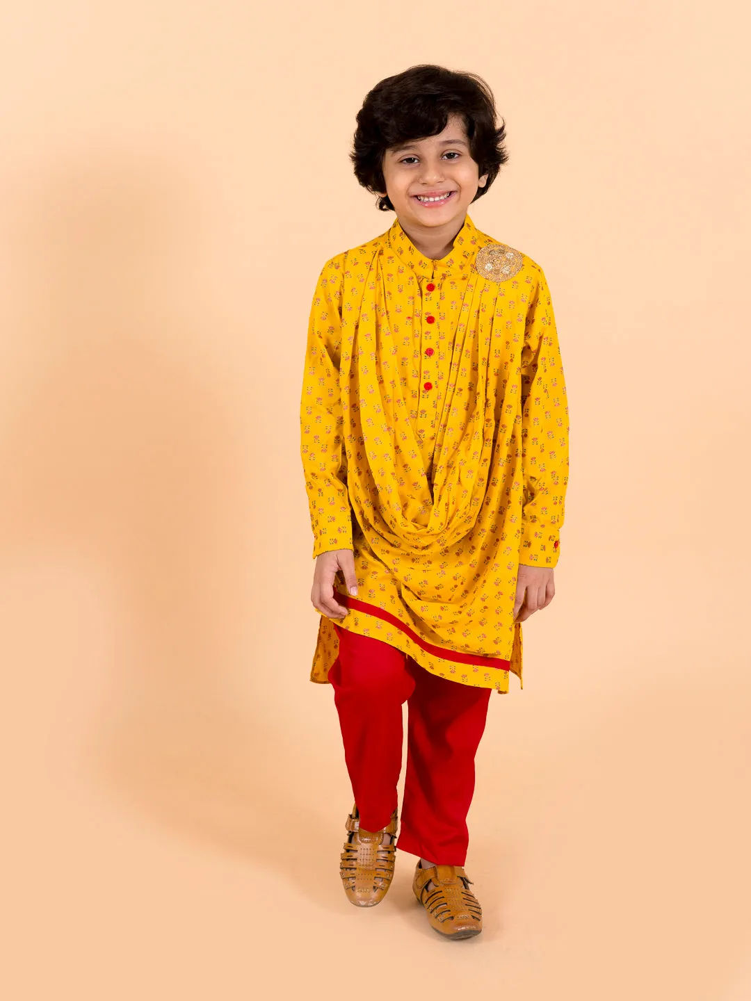 Boys  Mustard Yellow Floral Pure Cotton Kurti With Trousers Dupatta - Ps Peaches