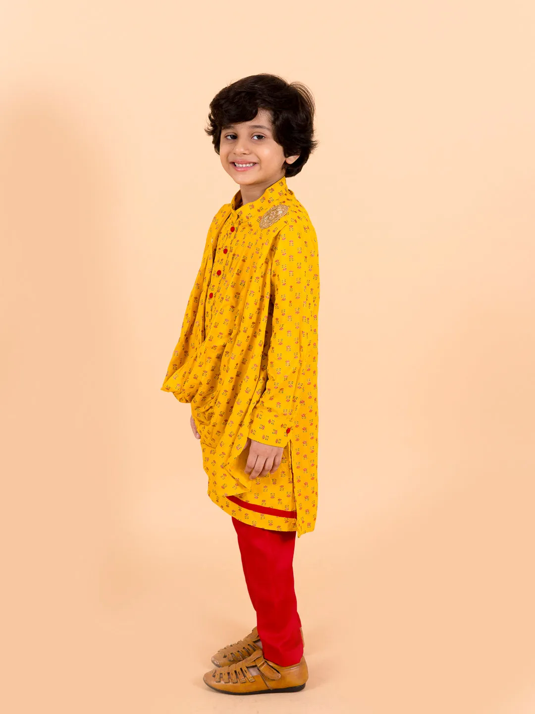 Boys  Mustard Yellow Floral Pure Cotton Kurti With Trousers Dupatta - Ps Peaches