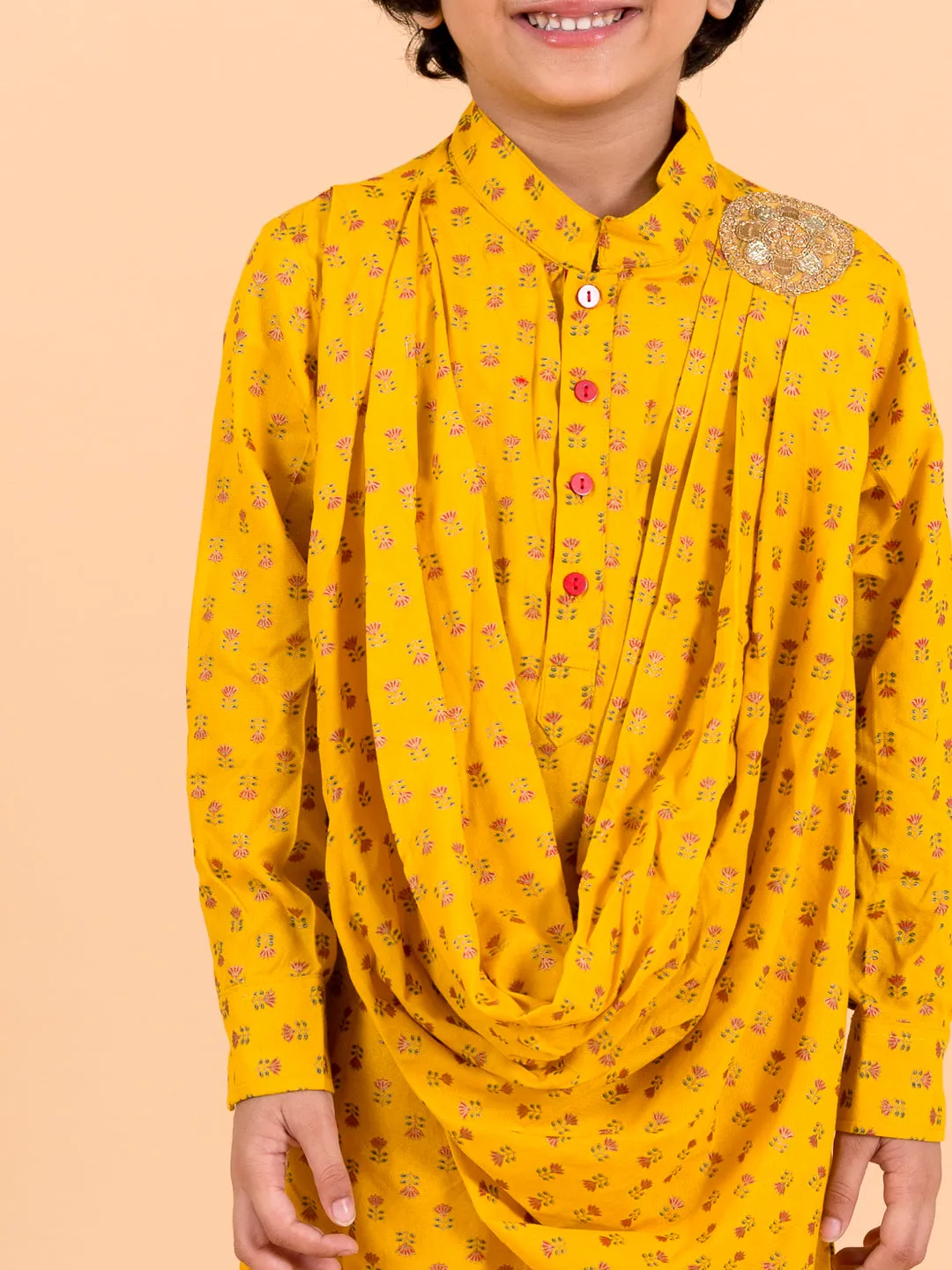 Boys  Mustard Yellow Floral Pure Cotton Kurti With Trousers Dupatta - Ps Peaches