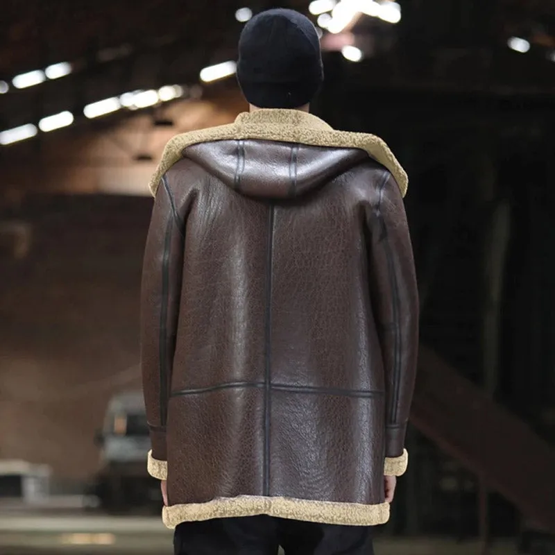 Brown Shearling Sheepskin Coat with Real Fur Hooded Outwear