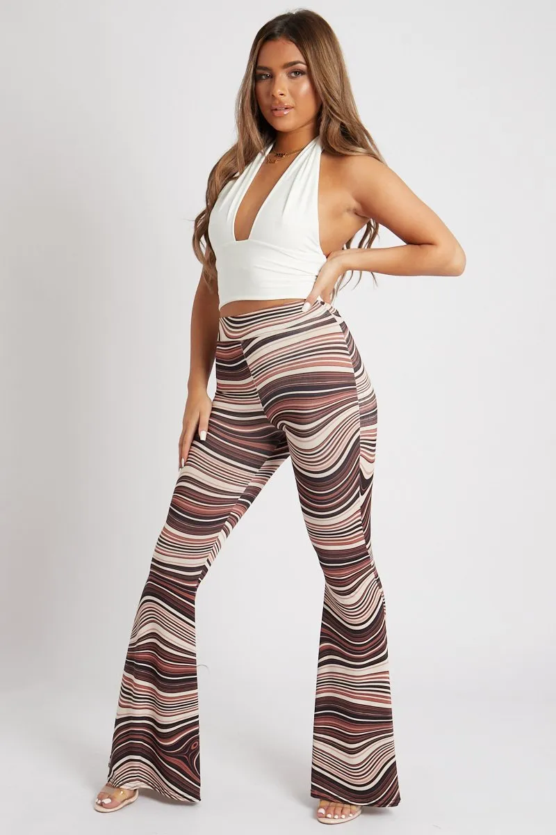 Brown Stripe Print Ruched Bum Flared Trousers - Katharina