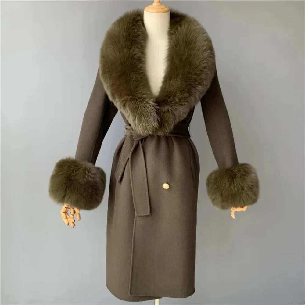 Cashmere Wool Coat with Genuine Fox Fur Trim