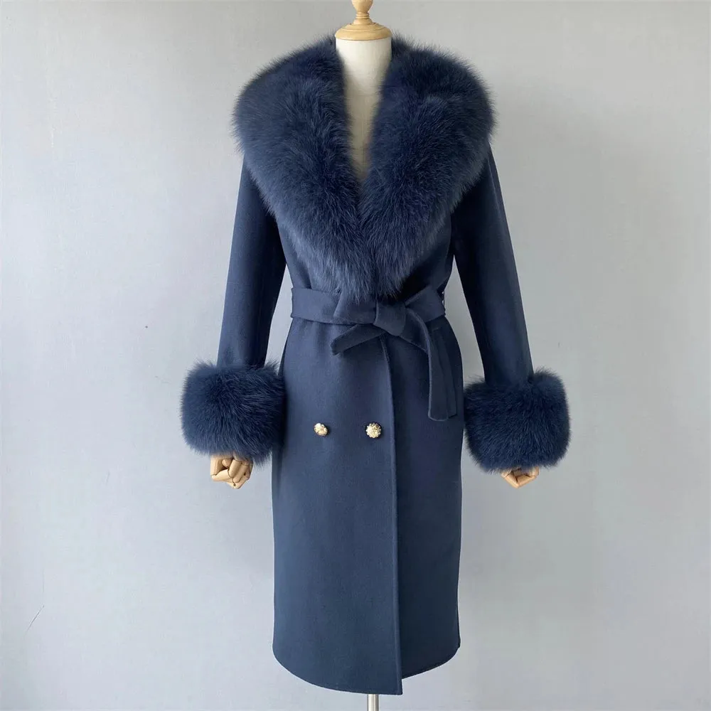 Cashmere Wool Coat with Genuine Fox Fur Trim