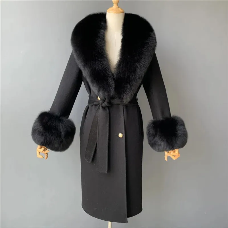 Cashmere Wool Coat with Genuine Fox Fur Trim