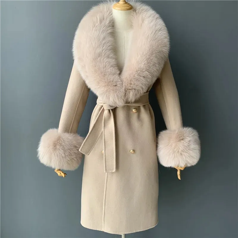 Cashmere Wool Coat with Genuine Fox Fur Trim