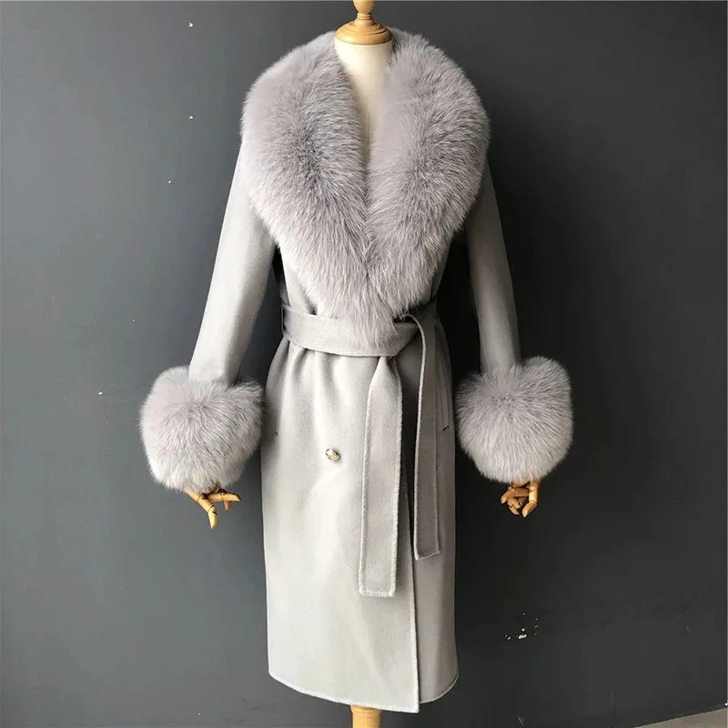 Cashmere Wool Coat with Genuine Fox Fur Trim