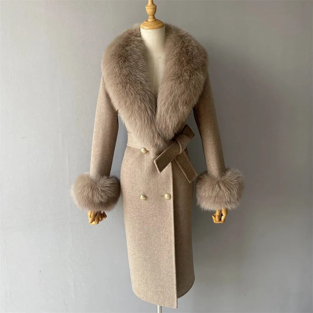 Cashmere Wool Coat with Genuine Fox Fur Trim