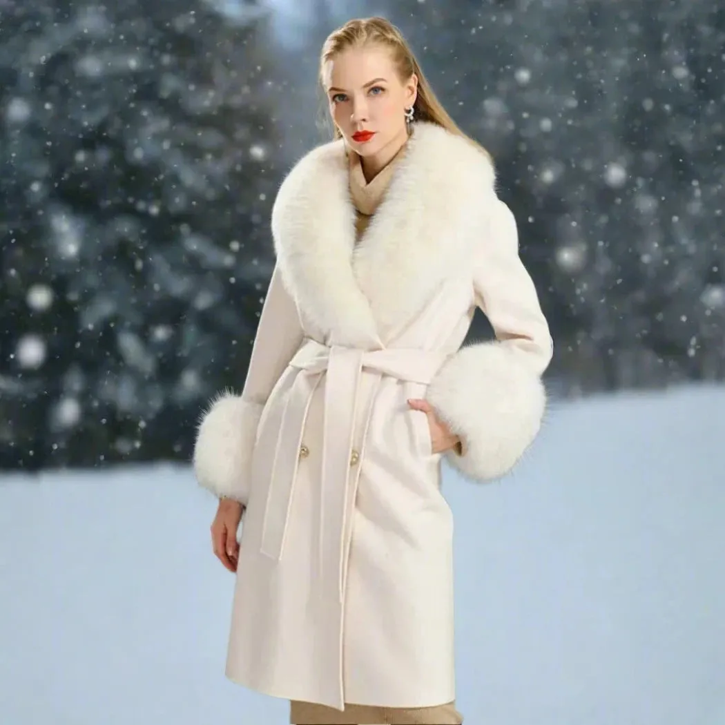 Cashmere Wool Coat with Genuine Fox Fur Trim