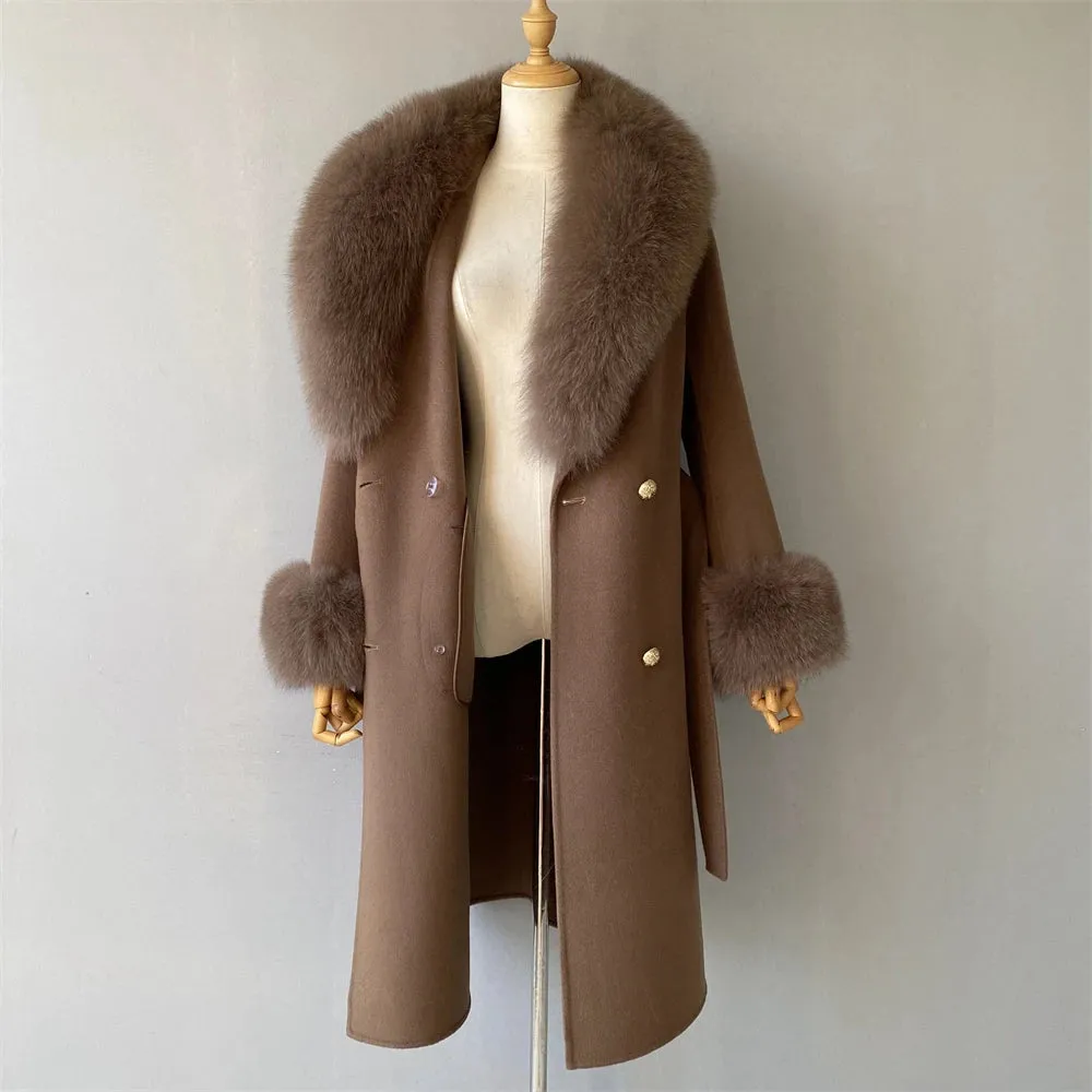 Cashmere Wool Coat with Genuine Fox Fur Trim