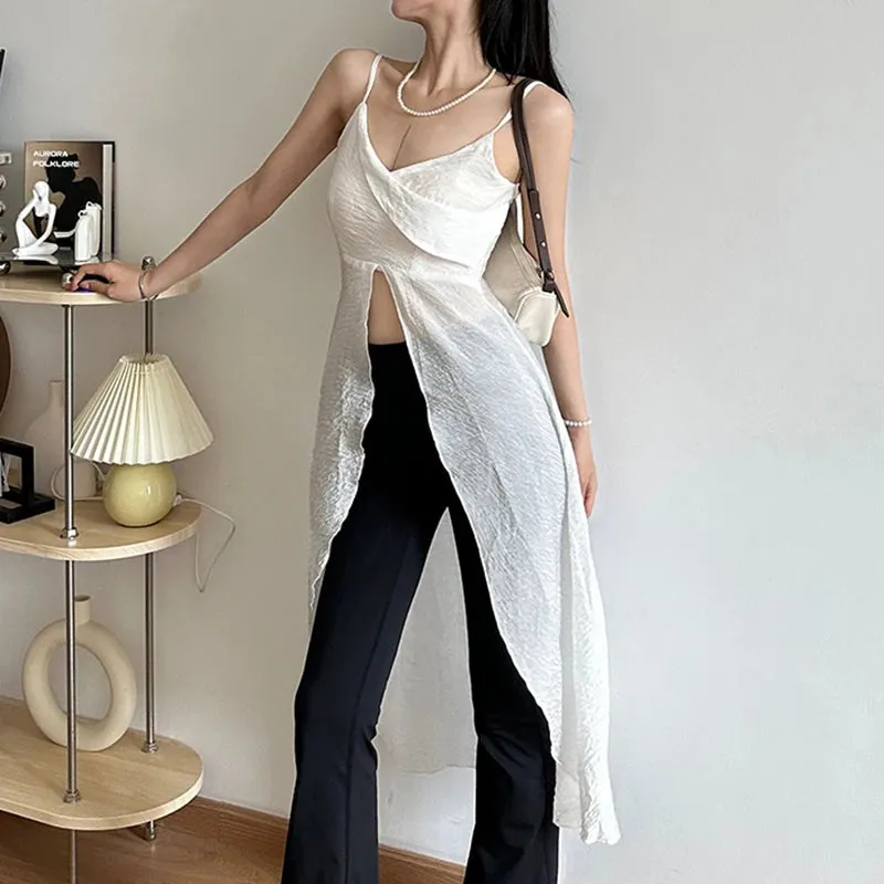 Casual Holidays Strap Long Camisole Top Draped Slit Boho Korean Style Summer Top Women Outfits Beach Design Black New