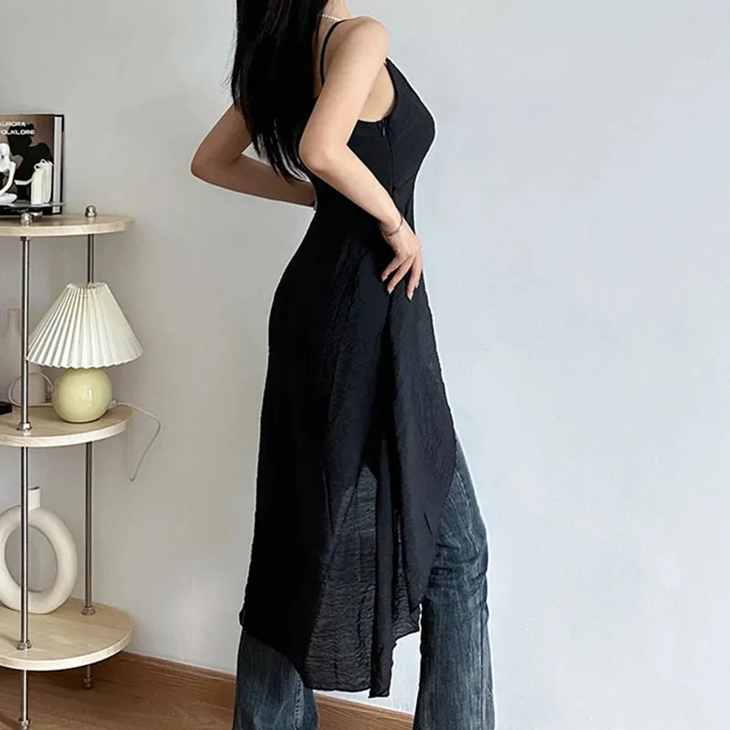 Casual Holidays Strap Long Camisole Top Draped Slit Boho Korean Style Summer Top Women Outfits Beach Design Black New