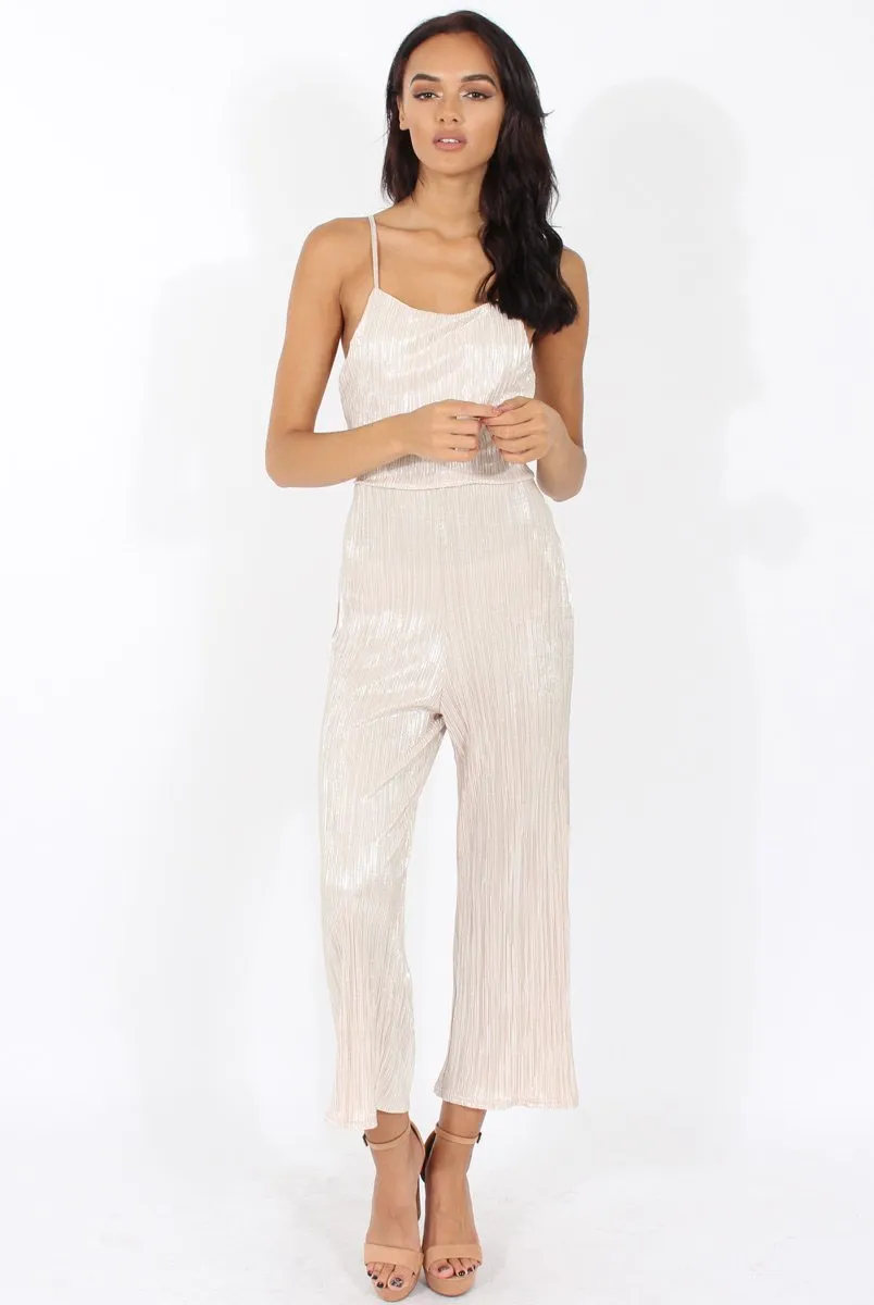 Champagne Metallic Pleated Cropped Jumpsuit - Arabella