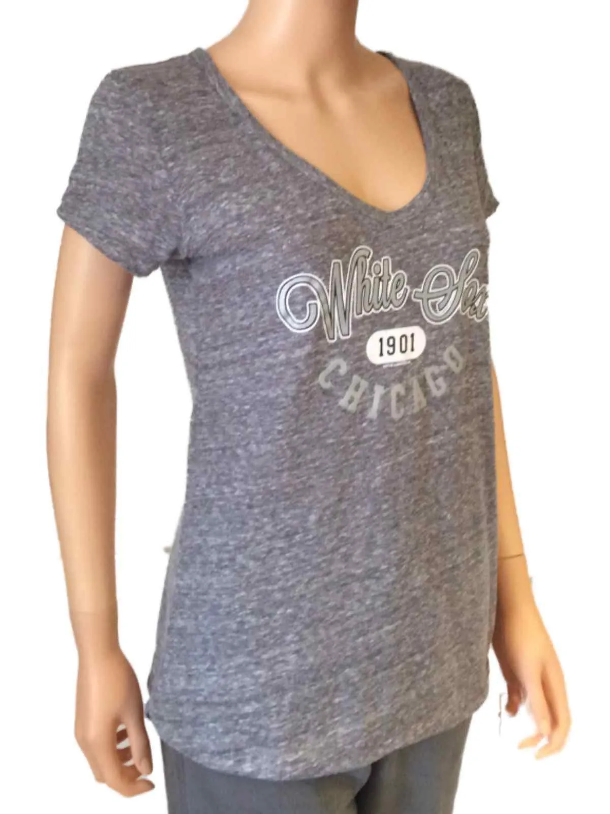 Chicago White Sox SAAG Women Gray Loose Soft Baseball V-Neck T-Shirt