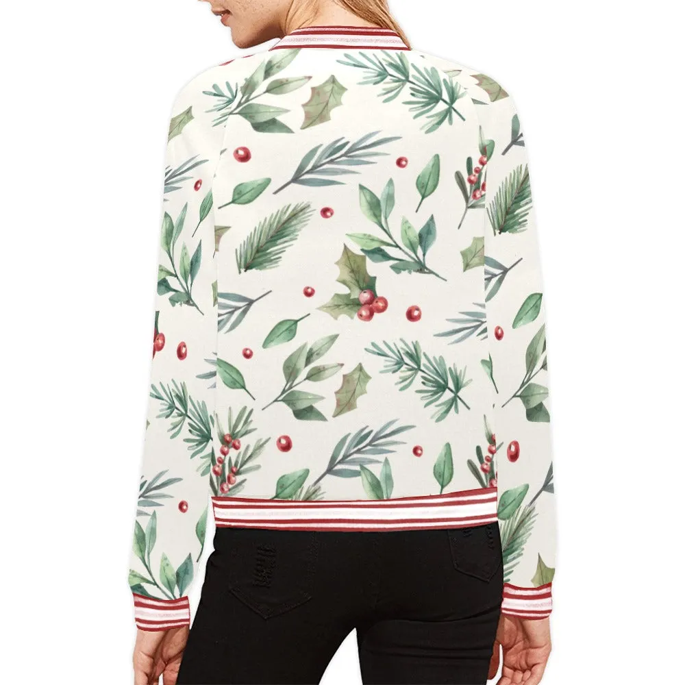 Christmas Poinsettia Pattern Bomber Jacket for Women