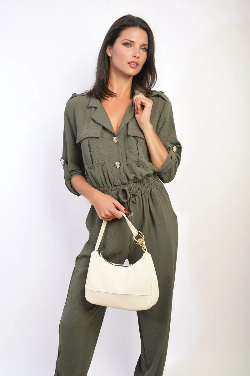 Collar Button-Front Jogger Drawstring Jumpsuit