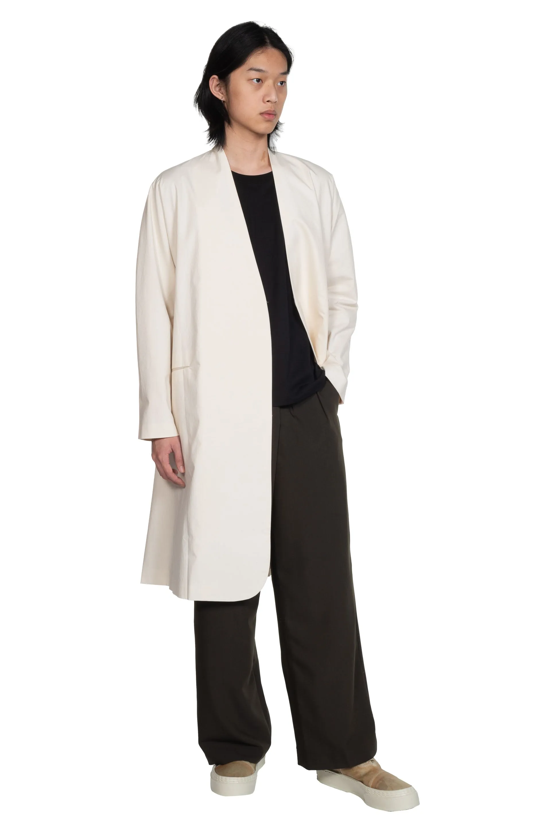 Collarless Long White Coat