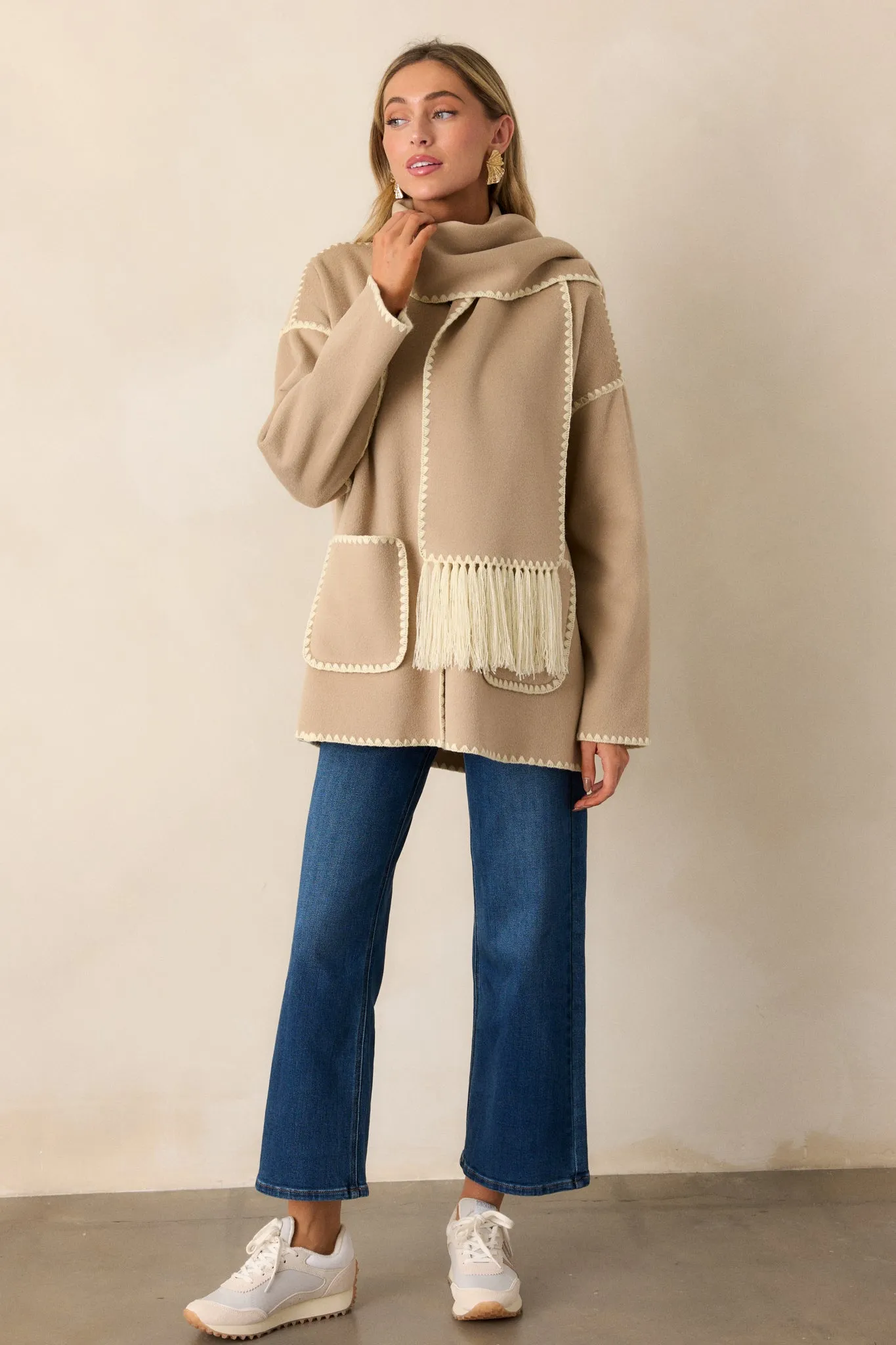 Coming Around Taupe Blanket Stitch Coat