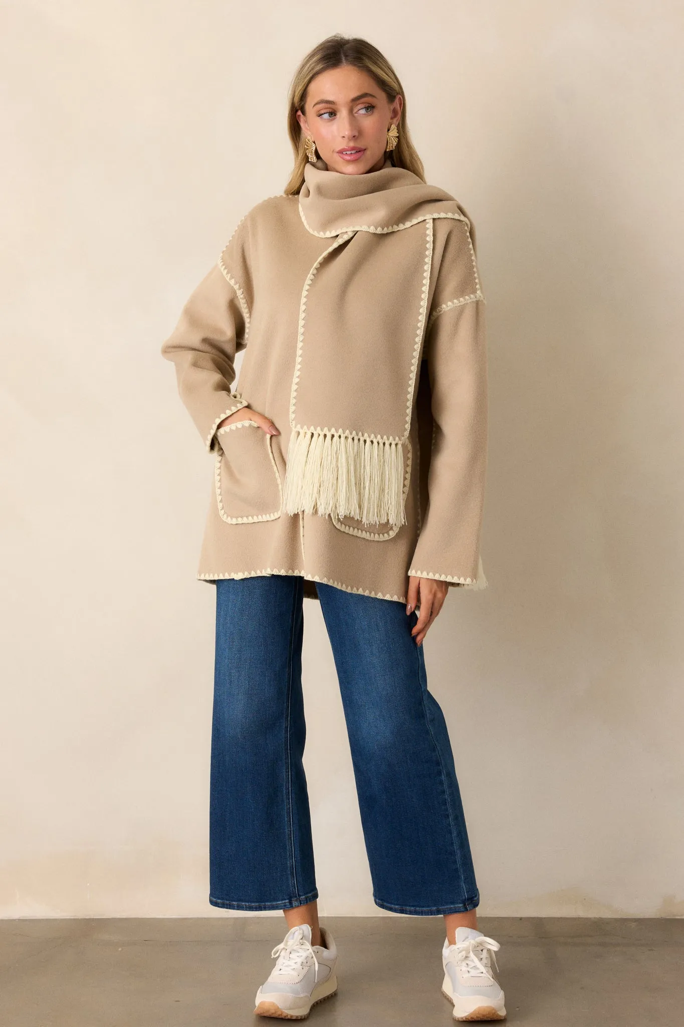 Coming Around Taupe Blanket Stitch Coat