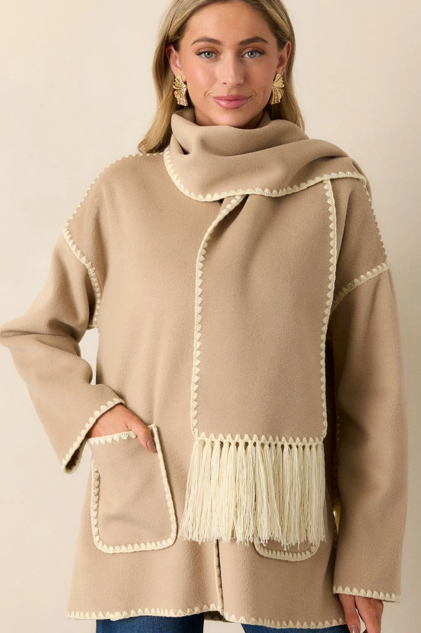 Coming Around Taupe Blanket Stitch Coat