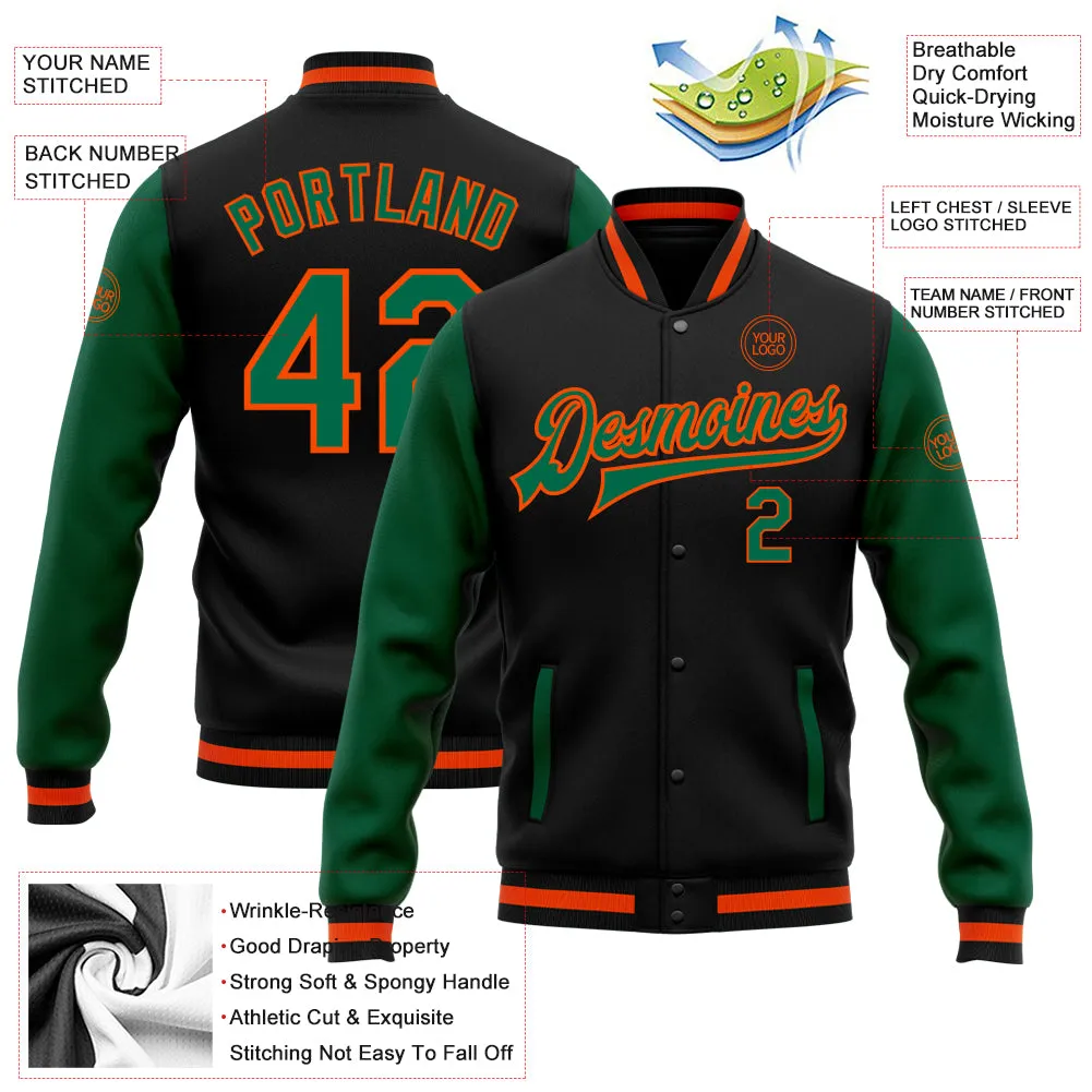 Custom Black Kelly Green-Orange Bomber Full-Snap Varsity Letterman Two Tone Jacket