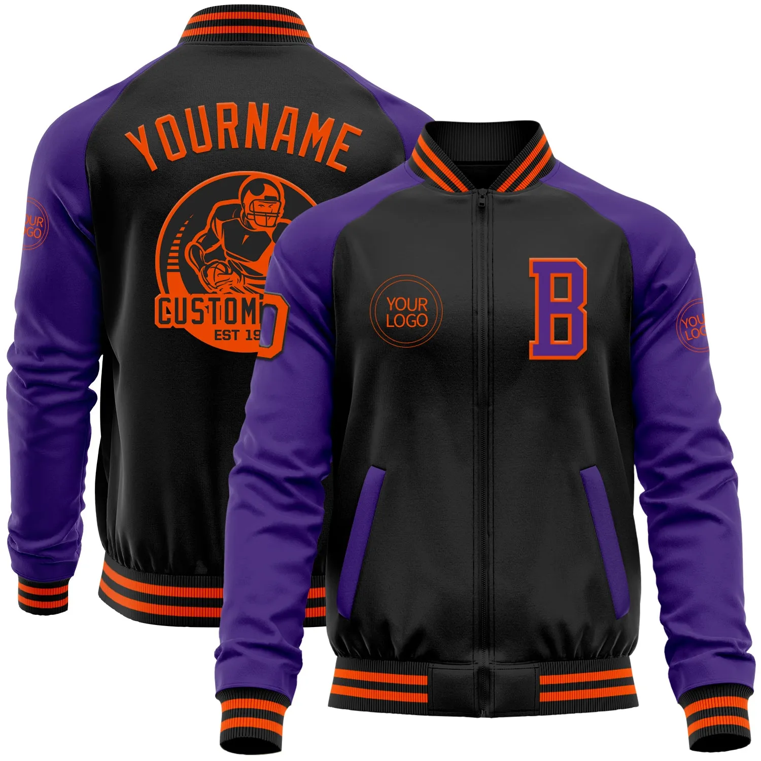 Custom Black Orange-Purple Bomber Varsity Letterman Two Tone Zipper Jacket