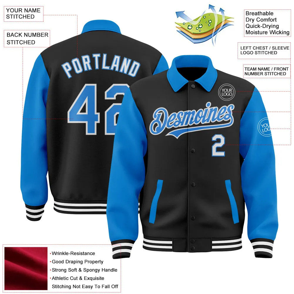 Custom Black Powder Blue-White Bomber Full-Snap Varsity Letterman Two Tone Lapel Collar Byron Jacket