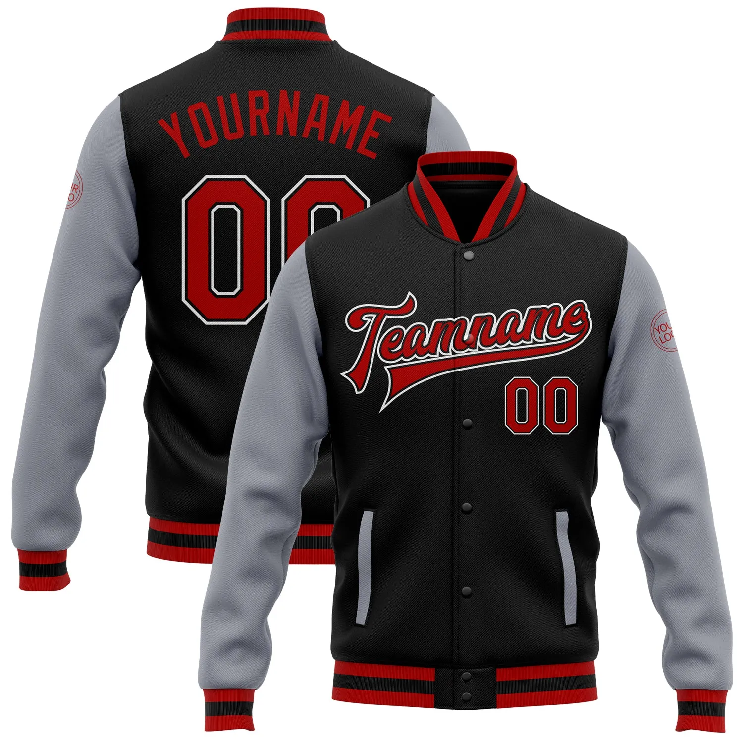 Custom Black Red-Gray Bomber Full-Snap Varsity Letterman Two Tone Jacket