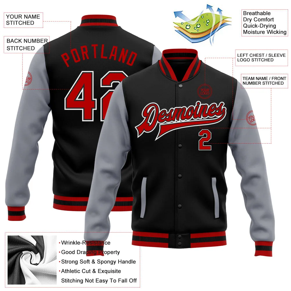 Custom Black Red-Gray Bomber Full-Snap Varsity Letterman Two Tone Jacket