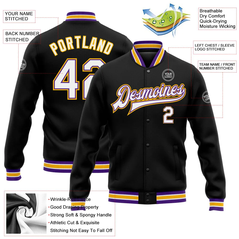 Custom Black White Purple-Gold Bomber Full-Snap Varsity Letterman Jacket