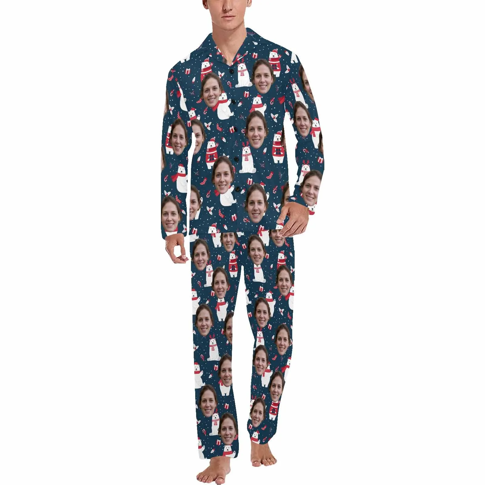 Custom Face Pajamas Polar Bear with Scarf Sleepwear Personalized Men's Long Pajama Set