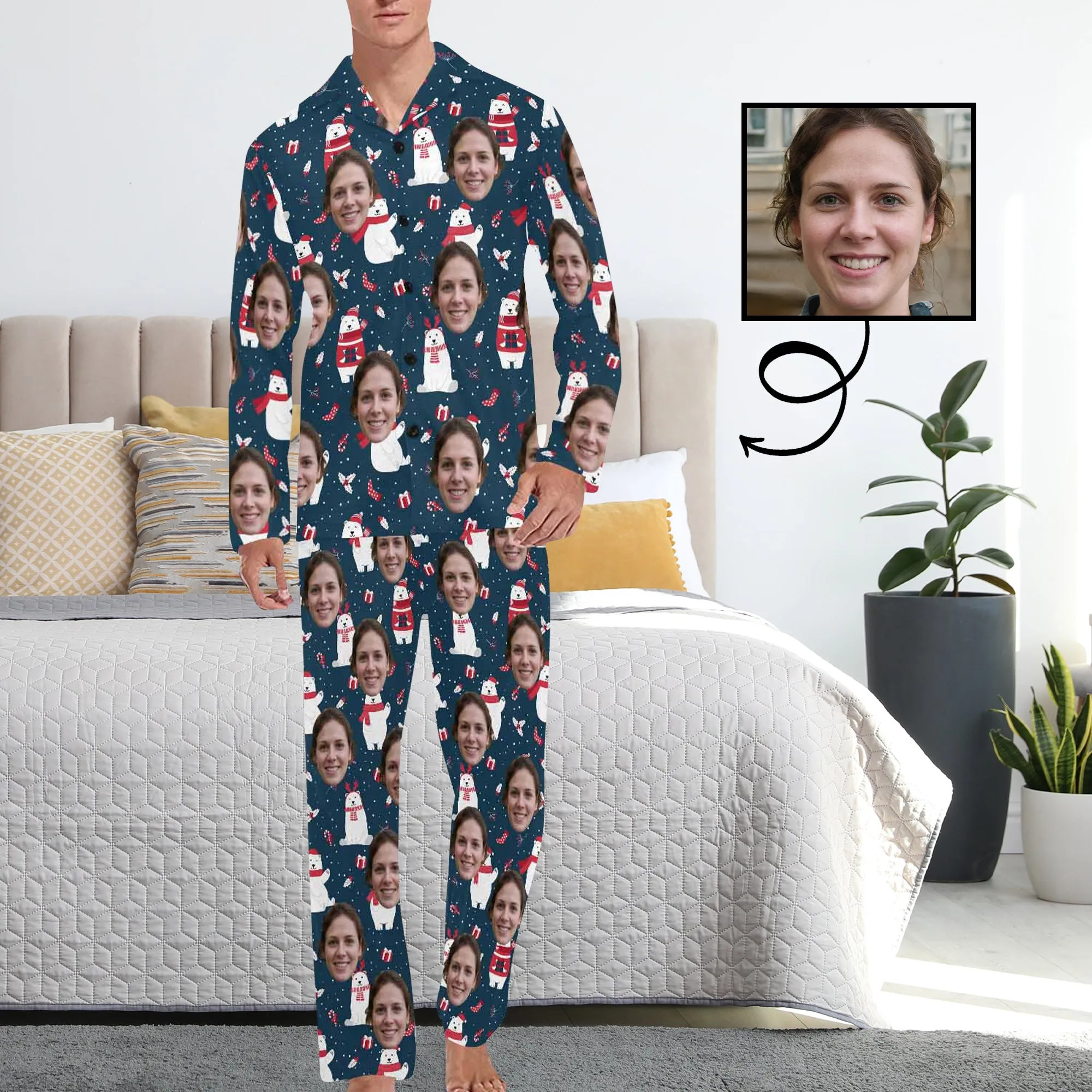 Custom Face Pajamas Polar Bear with Scarf Sleepwear Personalized Men's Long Pajama Set