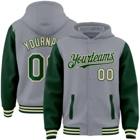 Custom Gray Green-Cream Bomber Full-Snap Varsity Letterman Two Tone Hoodie Jacket