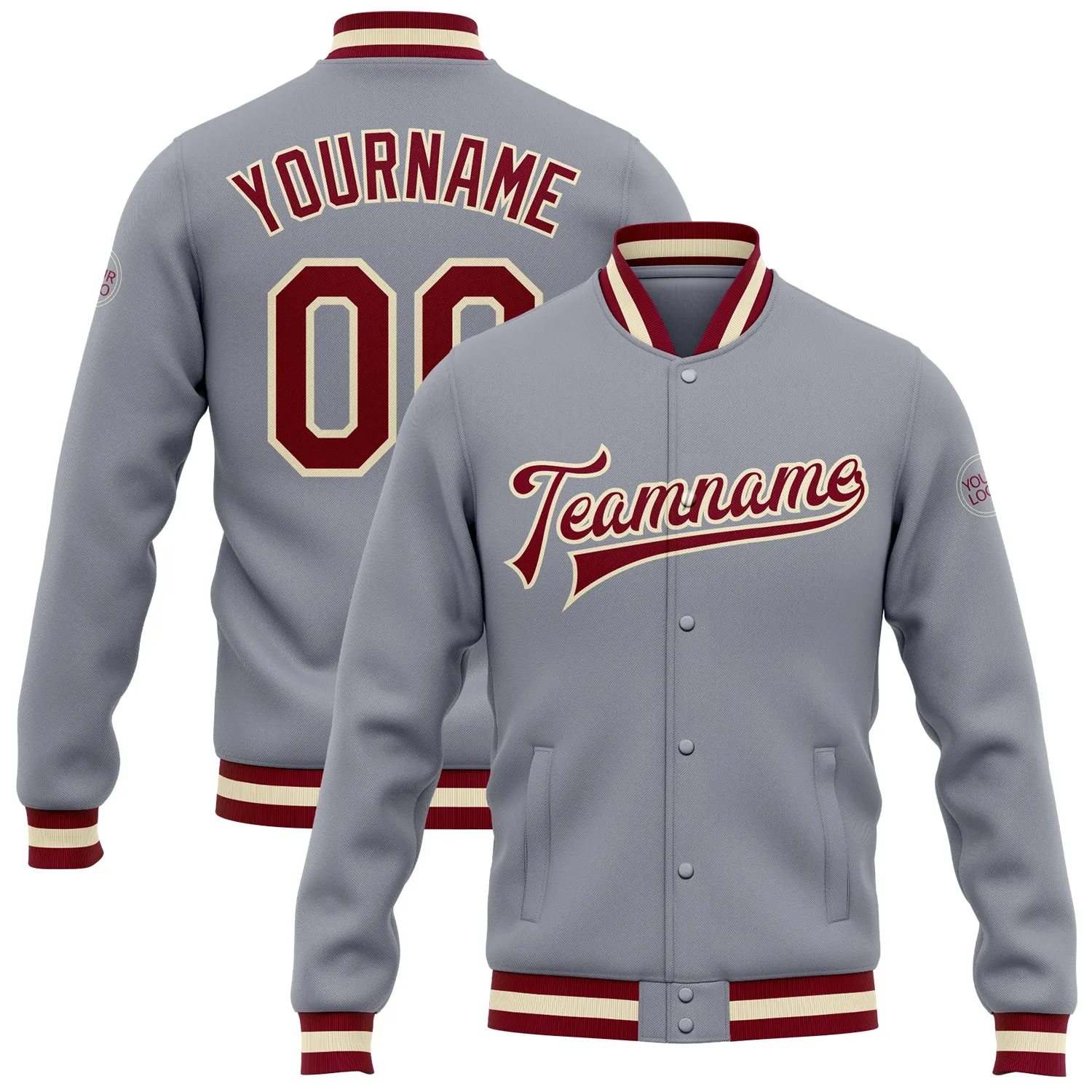 Custom Gray Maroon-Cream Bomber Full-Snap Varsity Letterman Jacket