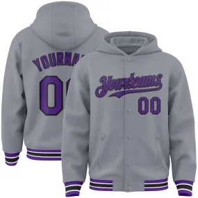 Custom Gray Purple-Black Bomber Full-Snap Varsity Letterman Hoodie Jacket