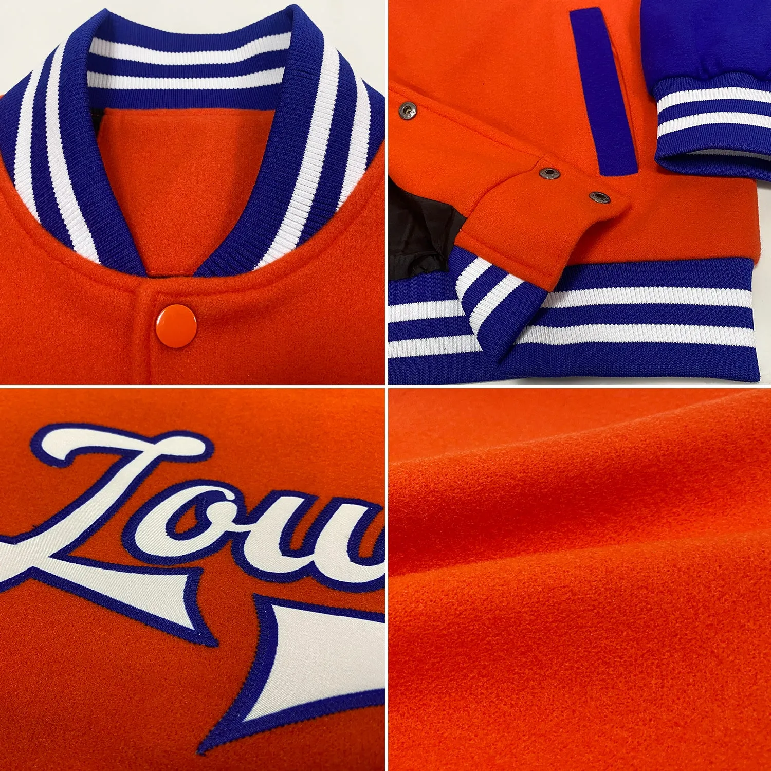 Custom Orange White-Royal Bomber Full-Snap Varsity Letterman Two Tone Jacket