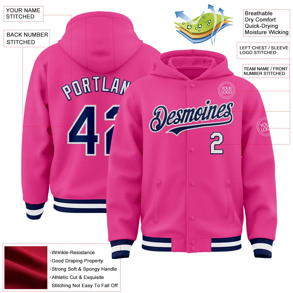 Custom Pink Navy-White Bomber Full-Snap Varsity Letterman Hoodie Jacket